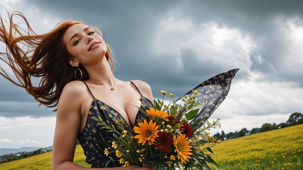 High Angle View, Walking, Big Bouquet Of Wildflowers AI Porn