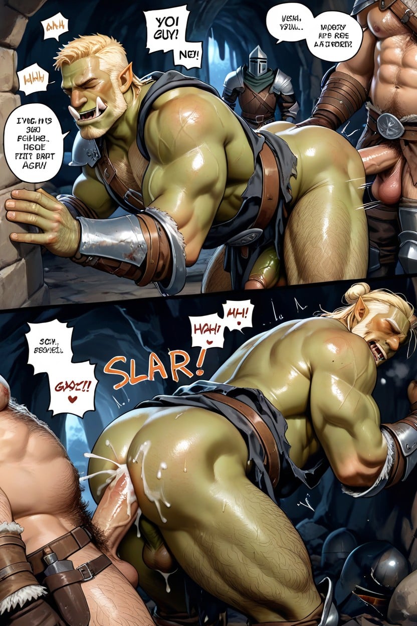 Messy Cumshot, Orc Getting Fucked By Human Knight, Speech Bubbles KI Schwulenporno