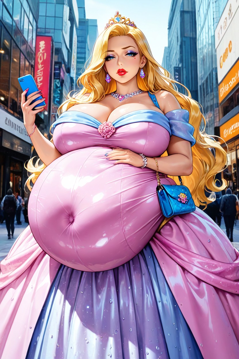 Looking At Phone, Modern City Background, Bimbo Transformation AI Porn