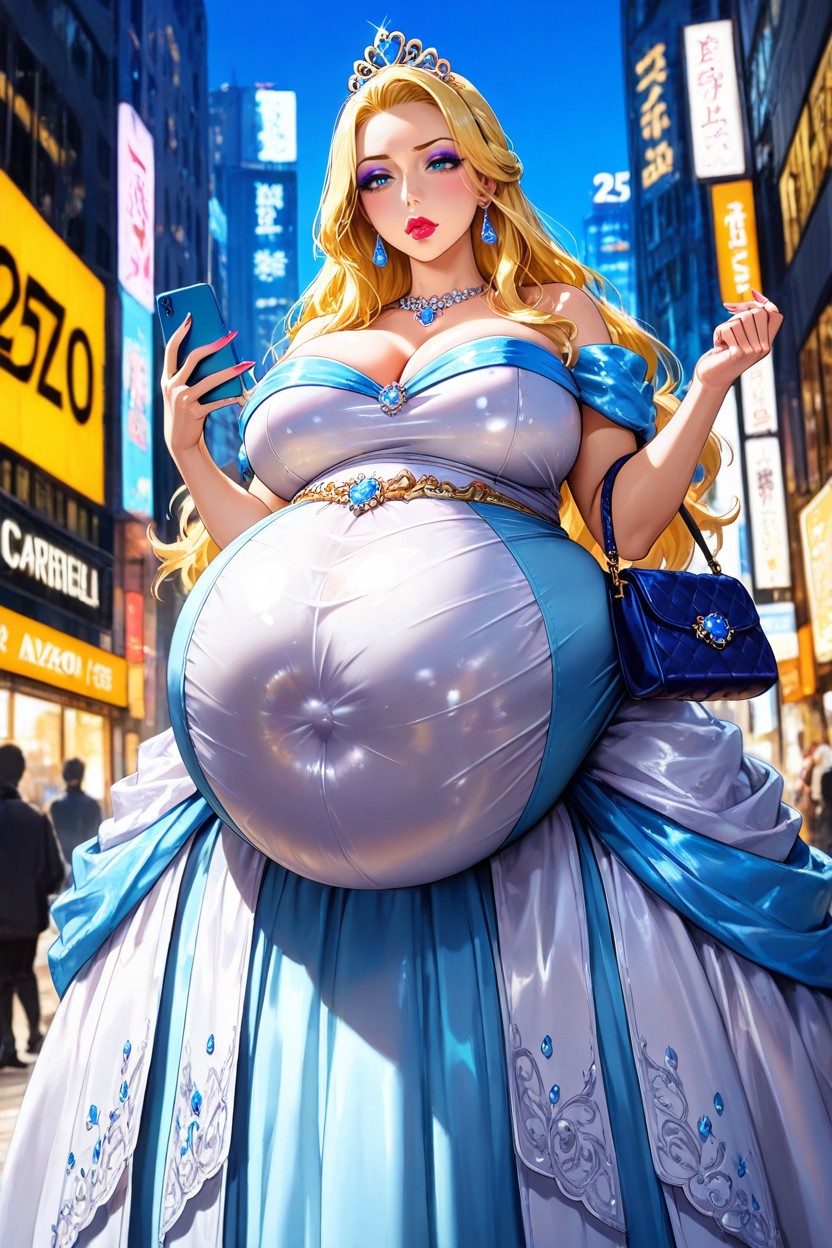 Blue Handbag, Large Eyes, Extremely Fancy Princess Cinderella Dress AI Porn