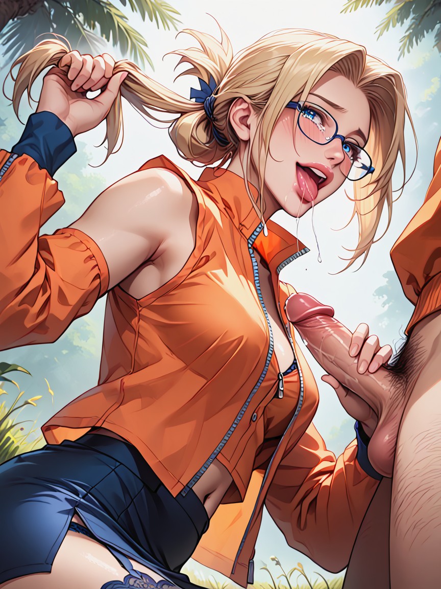 Bare Zip Up Orange Shirt, Blue Eyes, Oiled Skin Hentai AI Porn