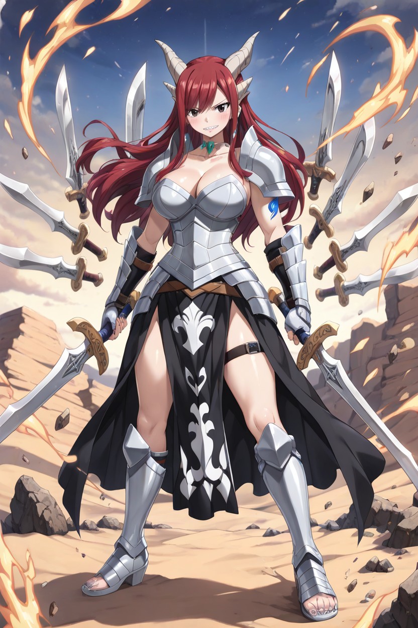 Erza Scarlet From Fairy Tail Cosplay, Torso Forward Slightly, Legs Apart Hentai AI Porn