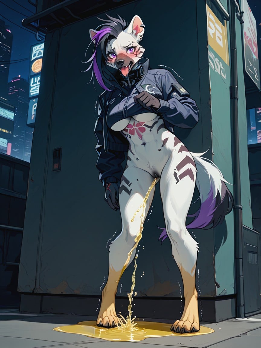 Cyberpunk City, Trembling, Embarrassed Furry AI Porn