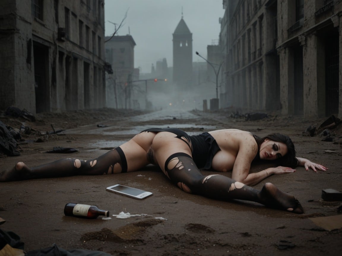 She Has No Panties Post-apocalyptic Horror Ruined And City An Evil Man Is Standing Next To The Woman And Taking Pictures Of Her On His Mobile Phone, Thighs Exposed, Fat AI Porn