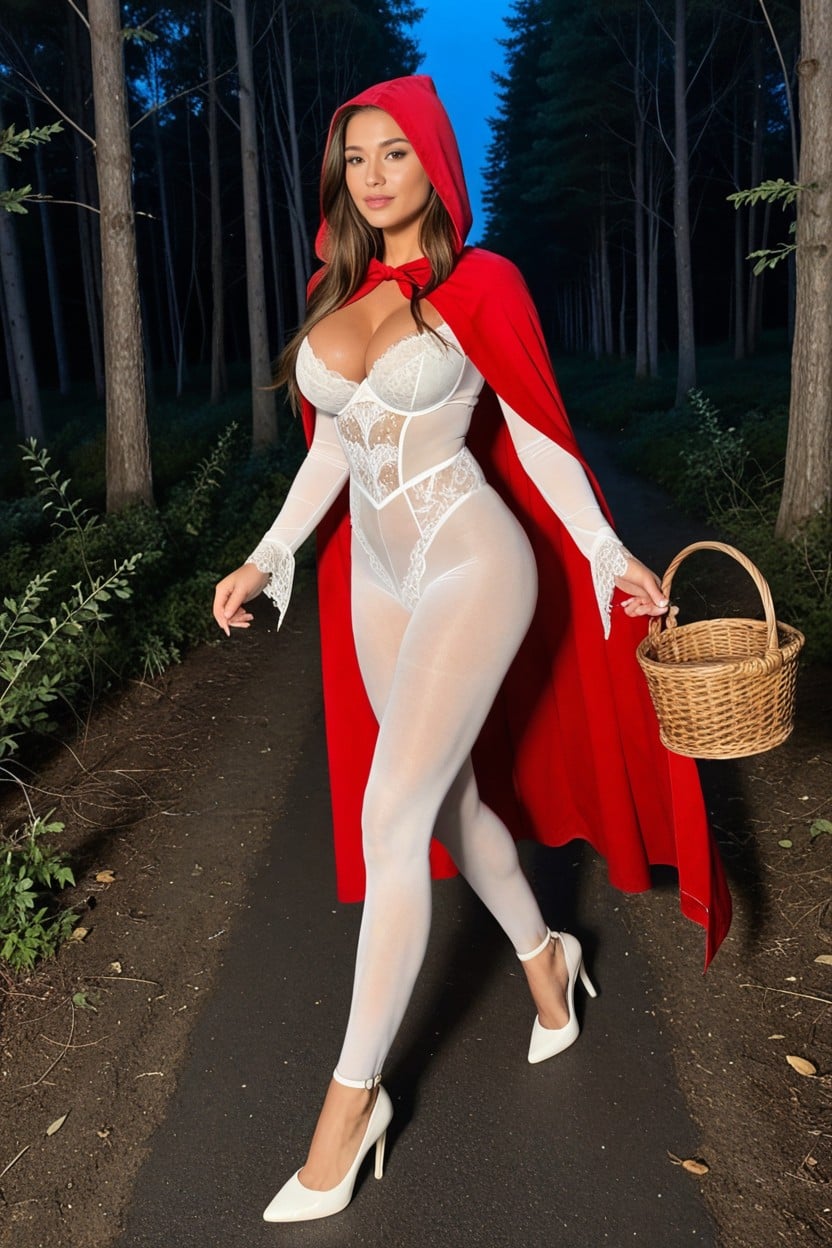 25+, Red Riding Hood, White Lace Bodystocking AI Porn