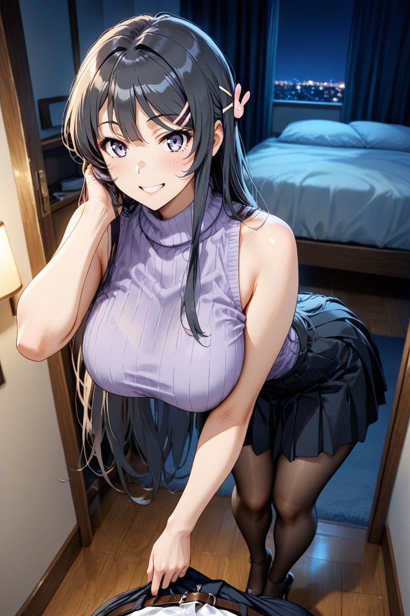 Bedroom, Very Black Pleated Skirt, Rounded Breast Hentai AI Porn
