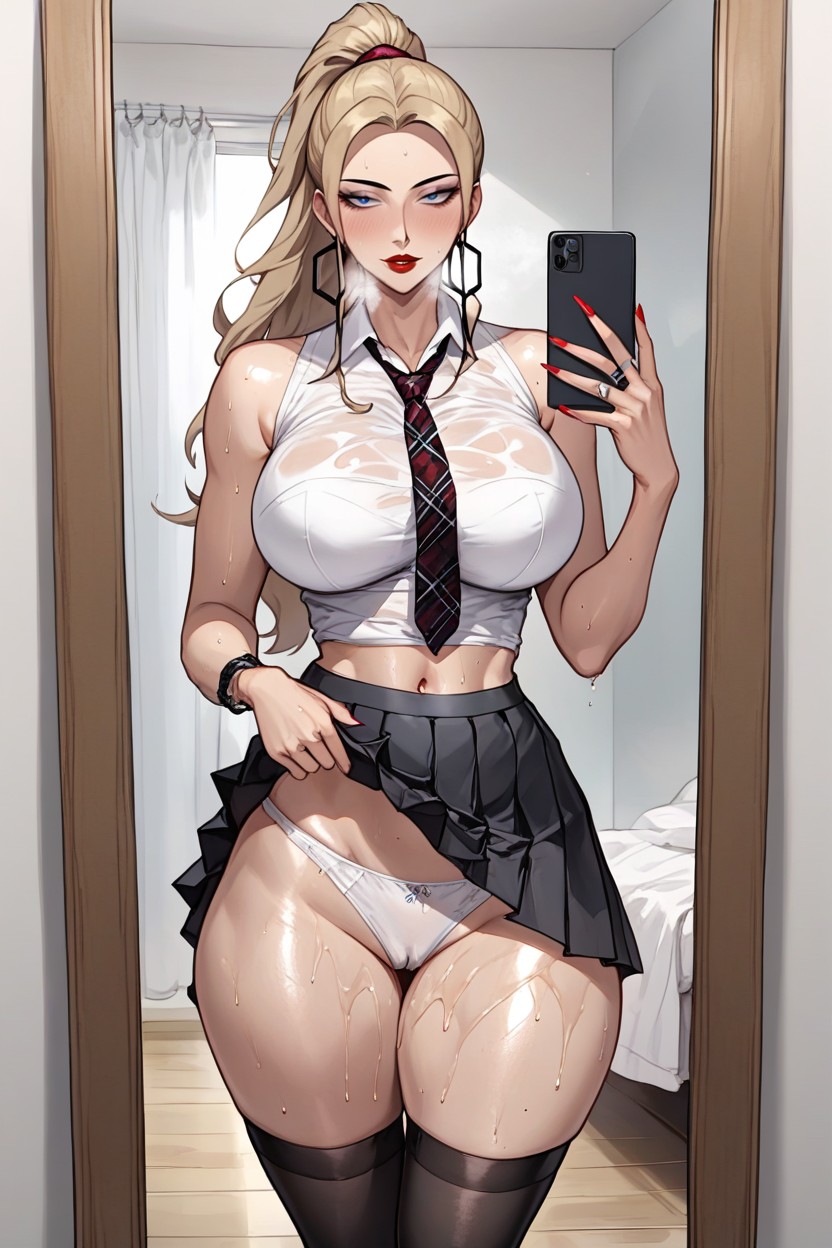 Ponytail, Shaved Pussy, Exposed Thighs Hentai AI Porn