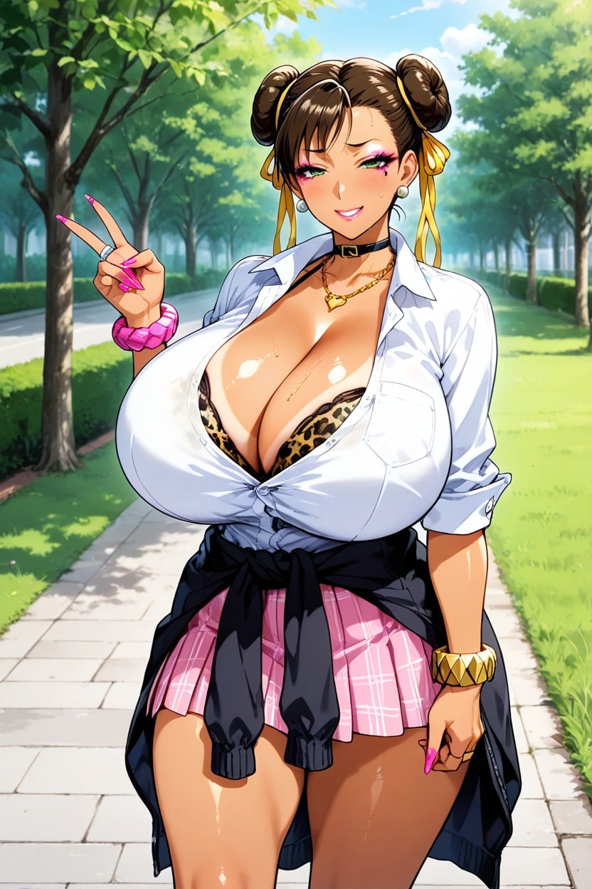 Gyaru, Purple Eyelashes, Yellow Black Spotted Print Bra Hentai AI Porn