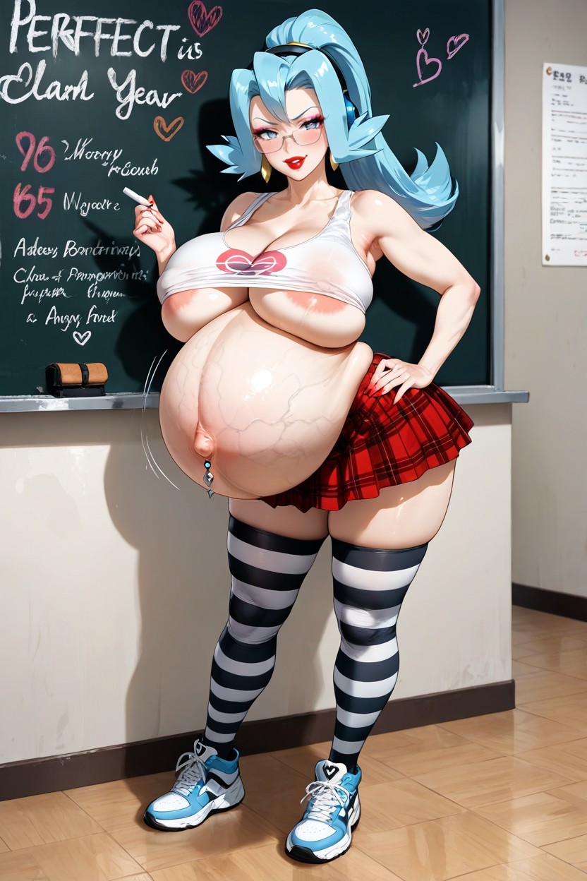 Extremely Blushed, Extremely Heavily Pregnant, Striped Long Knee-socks Hentai AI Porn