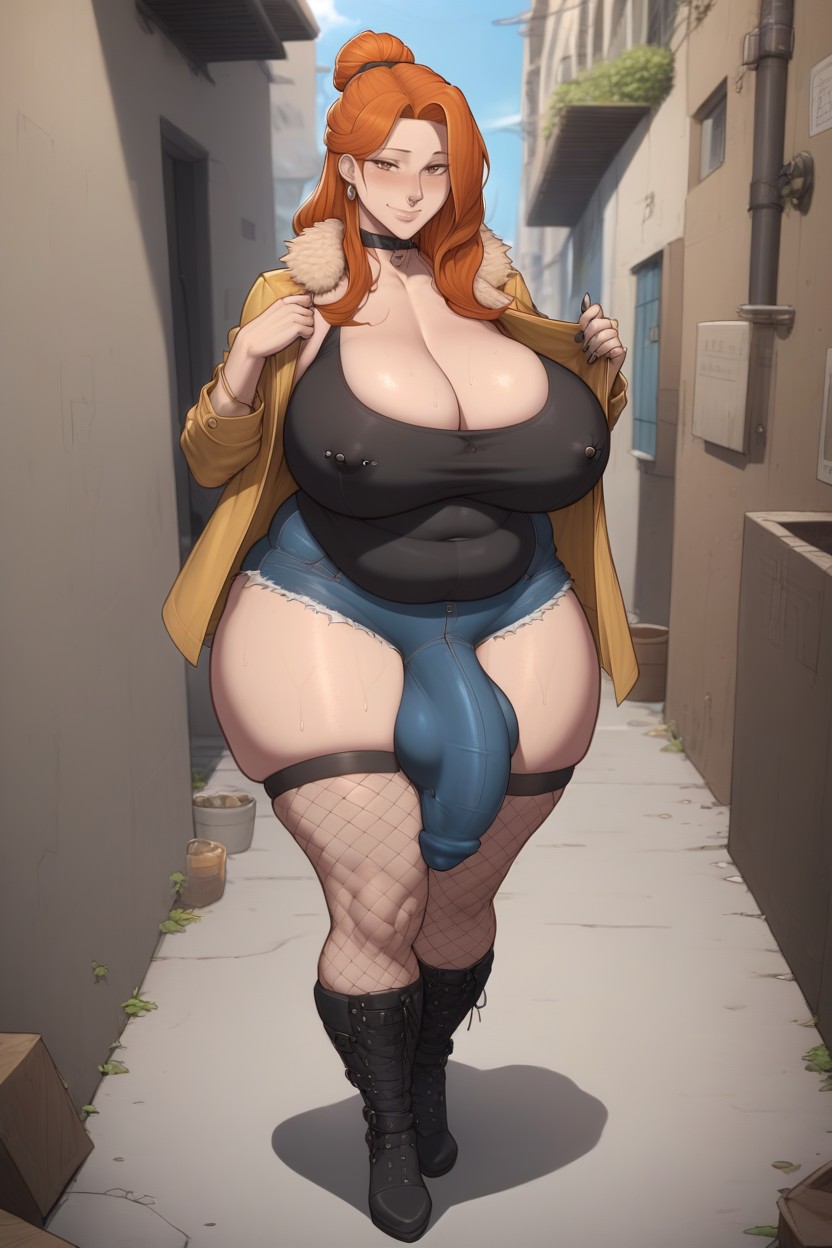Belly Paunch, Looking At Viewer, Girthy Wide Gigantic Hyper Penis Bulge Under Clothes Shemale AI Porn