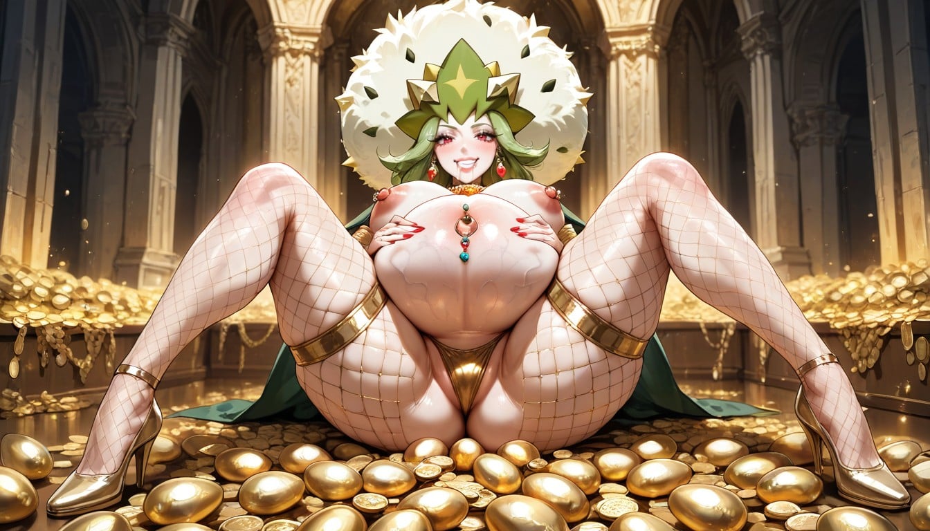 Close Up, Golden Necklace, Perfect Round Firm Tits Hentai AI Porn