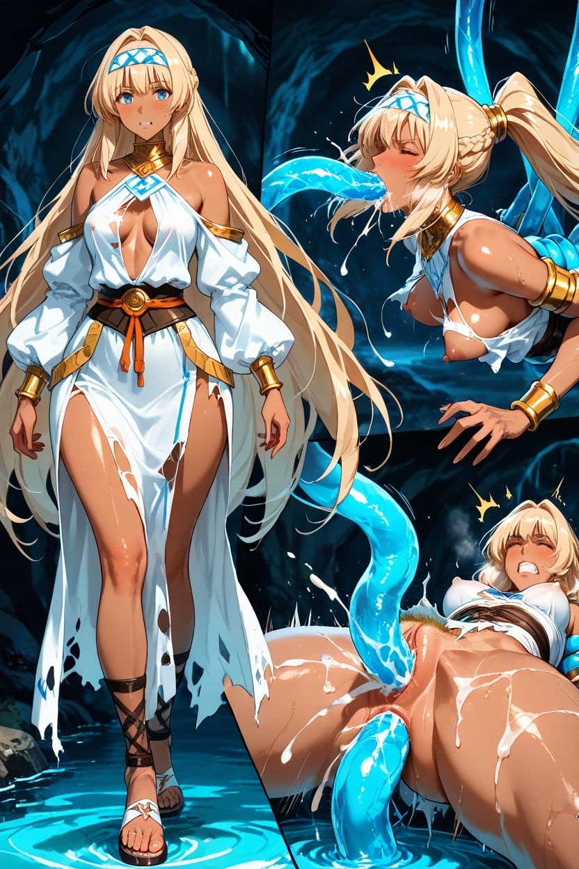 Wrapped Around, Gold, Flood Of Insanely Massive Aqua Water Glowy Tentacles Hentai AI Porn