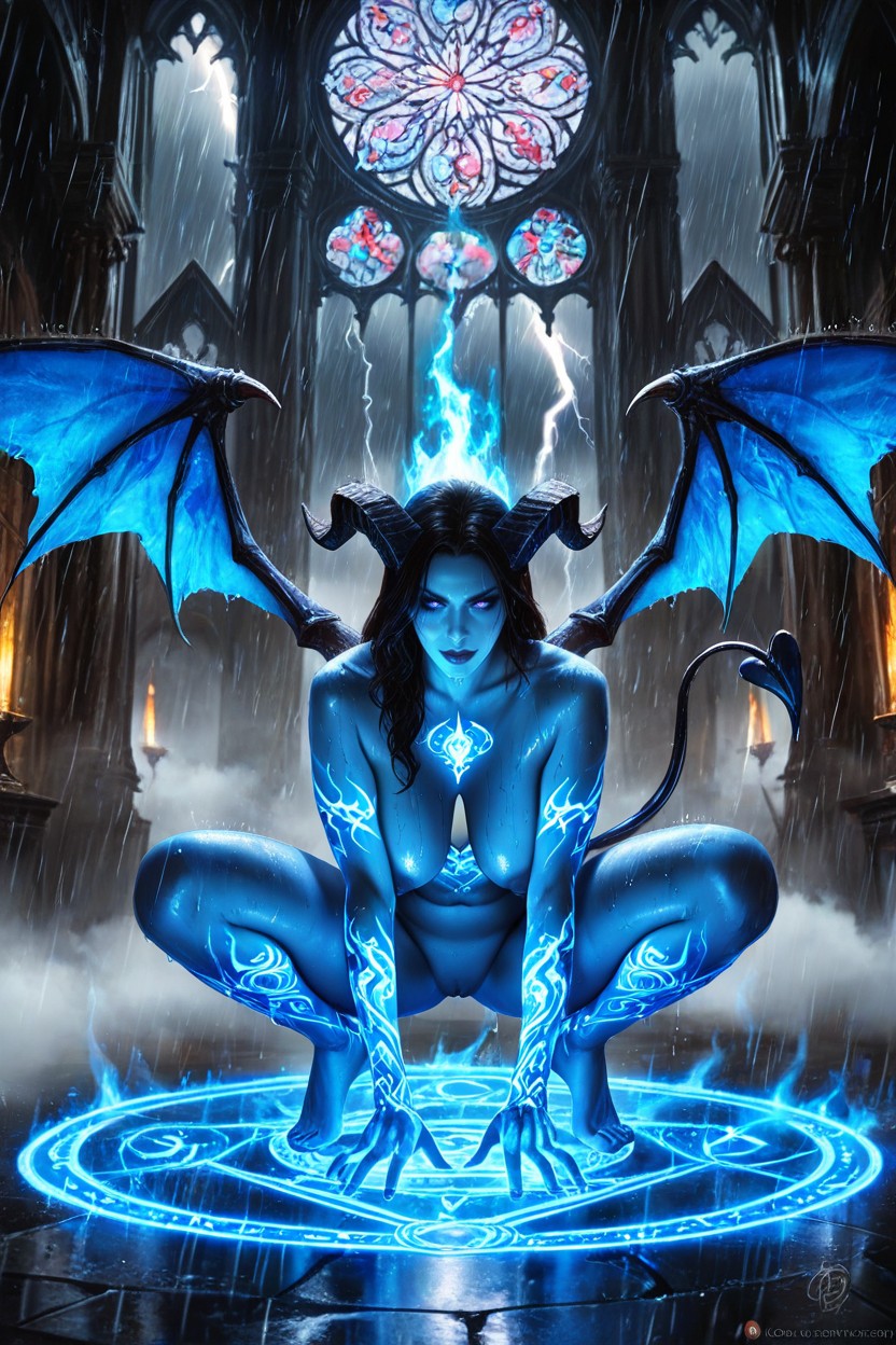Torso, Demon Tail, Glowing Blue Tattoos AI Porn