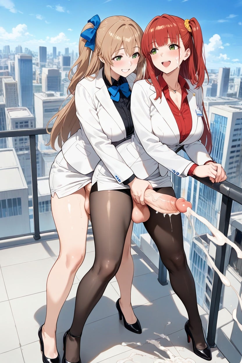 Big Charming Eyes, Japanese Idol Face, Futa Is Light Brown Permed Hair With One Side Up And Blue Bow Hentai AI Porn