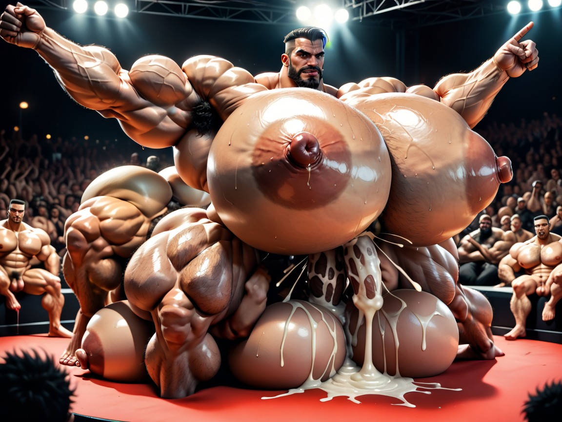 Big Pecs, On Stage, Many Gay Menorgy Of All Huge Hyper Muscled Hairy Men Who All Have Huge Hyper Boobs AI Porn