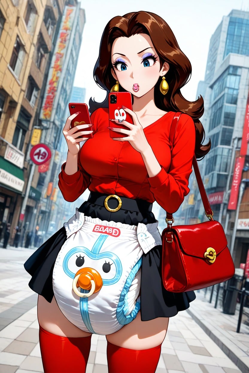 Bimbo Face, Red Shoulder Bag, Looking At Phone AI Porn