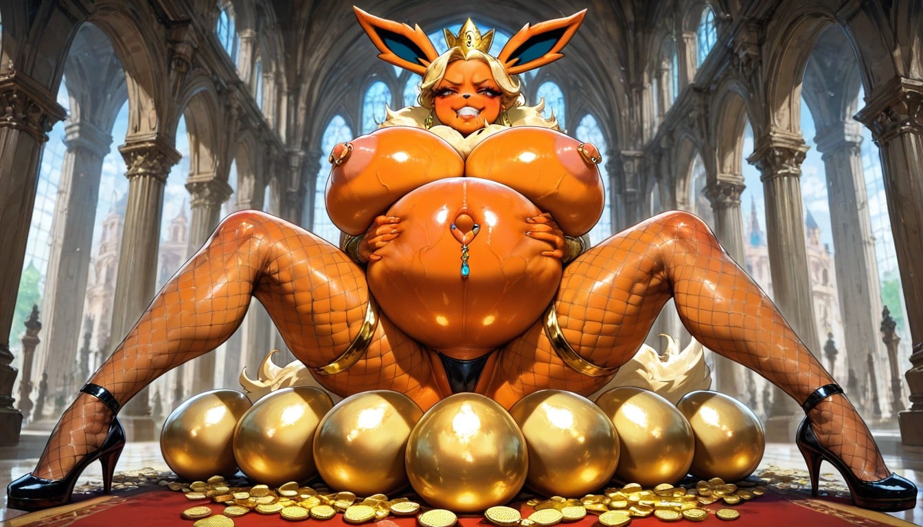 Huge Round Golden Eggs, Golden Crown On Head, Perfect Round Firm Tits Hentai IA
