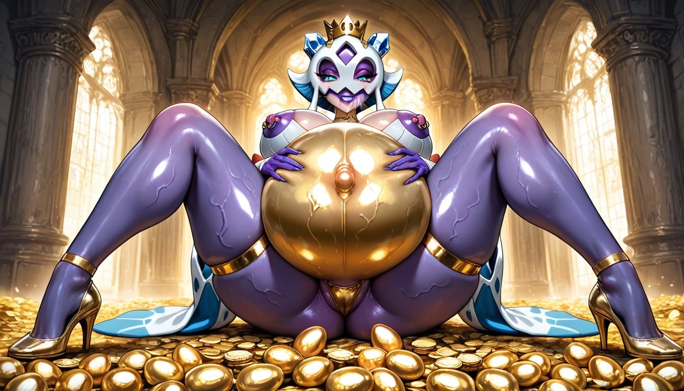 Golden Crown On Head, Clenched Teeth, Gigantic Round Pregnant Belly Hentai AI Porn