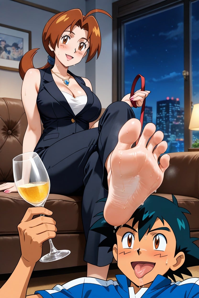 2 People, Ash Ketchum Licking The Soles Of Deila Ketchum's Feet, Bare Arms Hentai AI Porn