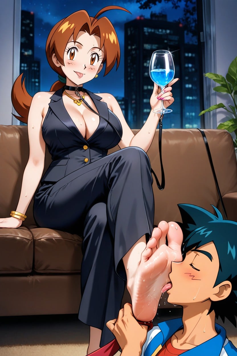 Ash Ketchum Submissive Expression, Sweaty Soles, Holding A Leash Hentai IA