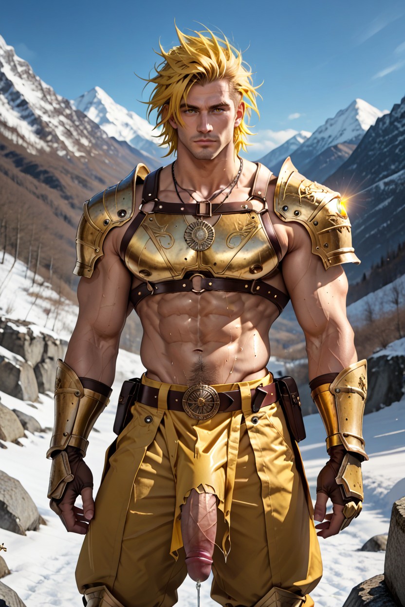 Yellow Armor Gauntlets, Yellow Armor Greaves, Hyper Muscular Legs AI Gay Porn