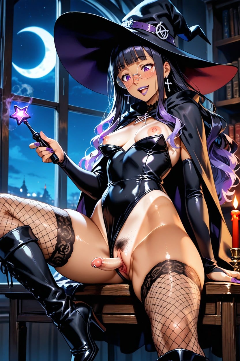 Tan Lines, Large Hips, Purple Strap Above Witch Hat Hentai AI Porn
