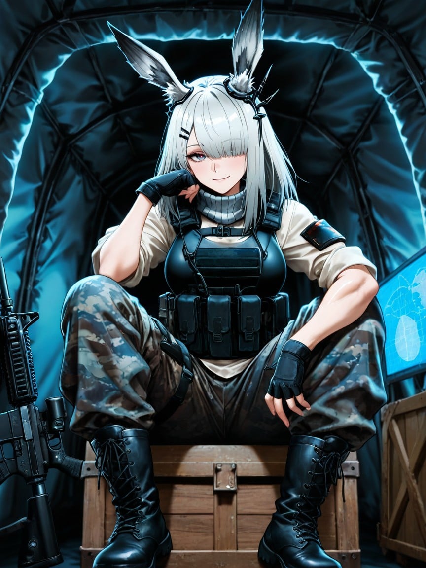 Seductive Eyes, Sitting On A Crate, Hundgun Holster Around Right Thigh Hentai IA