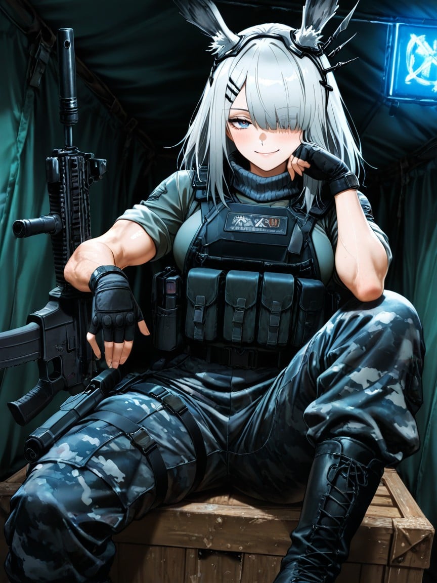 Hundgun Holster Around Right Thigh, Frostnova From Arknights, Seductive Eyes Hentai IA