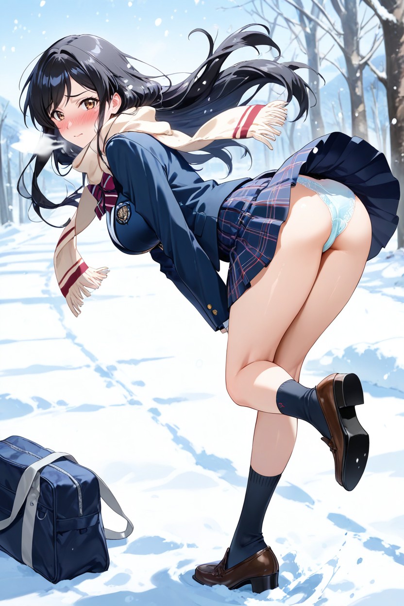 Pretty Woman Stands On Tiptoe, Scarf, Ass Focus Hentai AI Porn