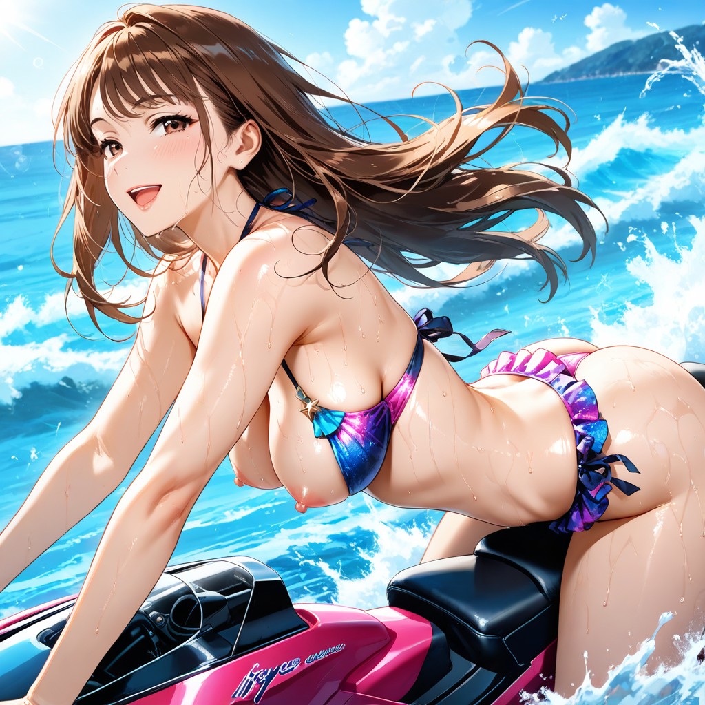 Long Brown Hair, Bikini Top Pulled Up, 18+ Hentai AI Porn
