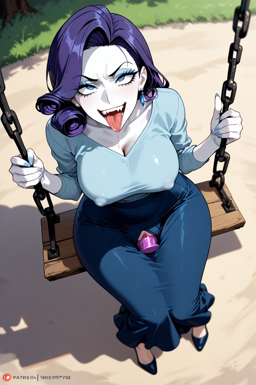 Dildo Goes In And Out, Solo, Pale Blue Shirt Hentai AI Porn