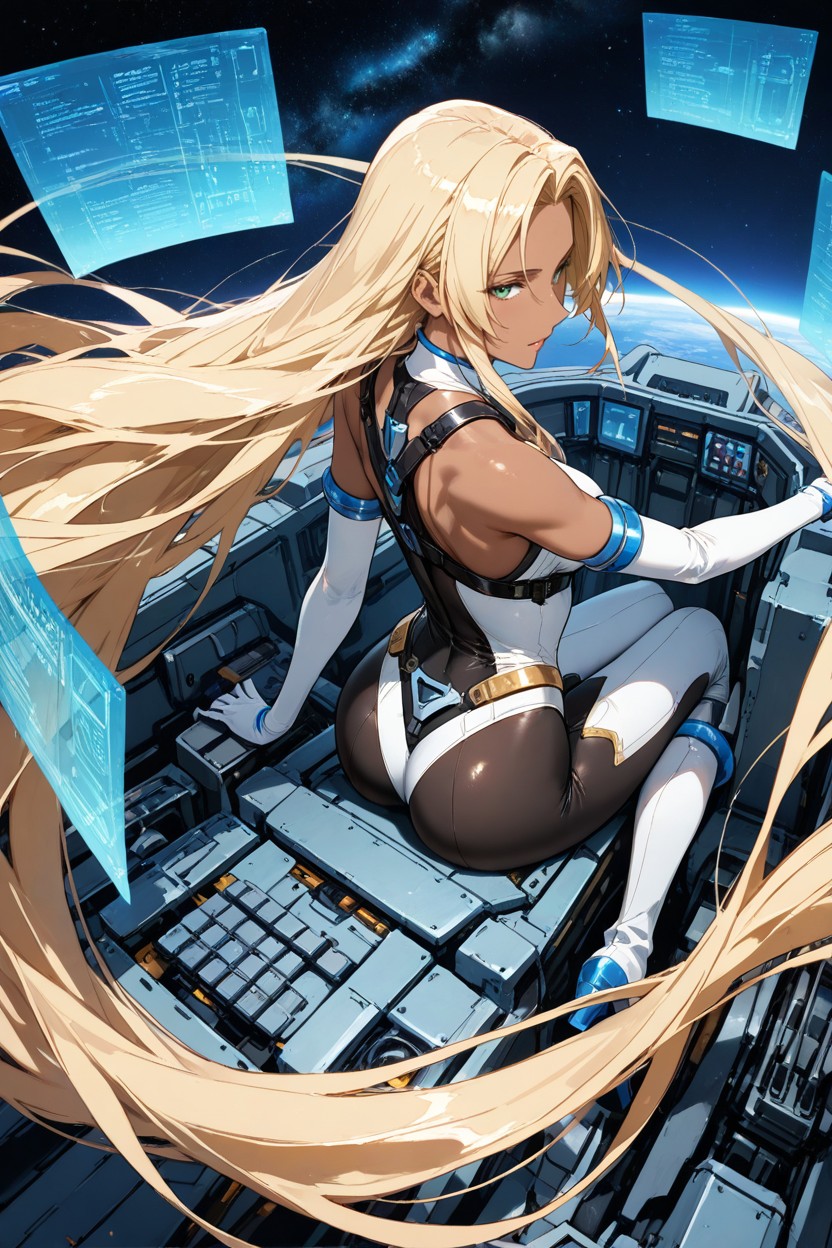 Lily Ramses Futaba, Astronomical Blue Stars Nebula Background, Smooth Knees Hentai AI Porn