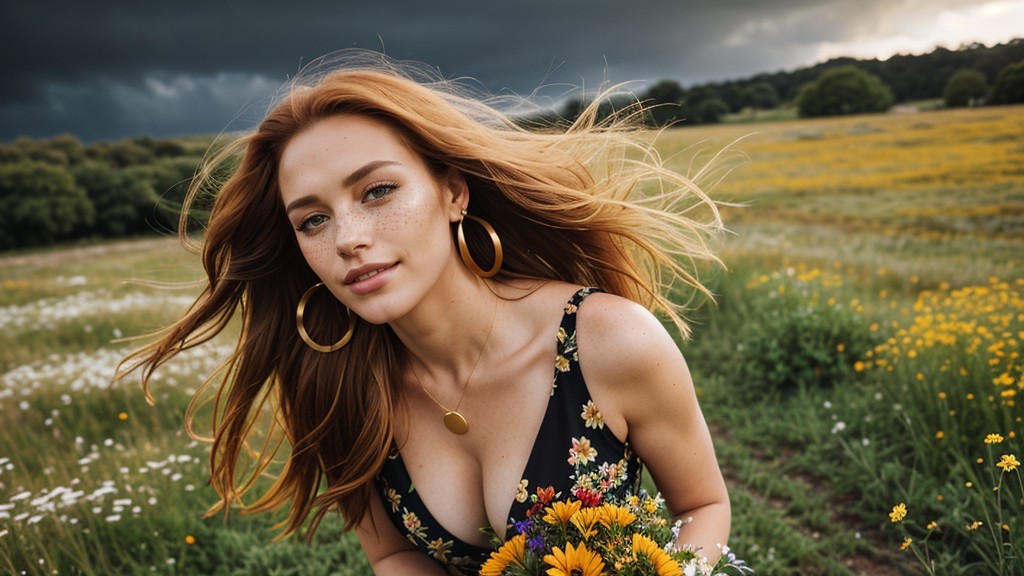 Gold, Freckles, Unbuttoned Dress AI Porn