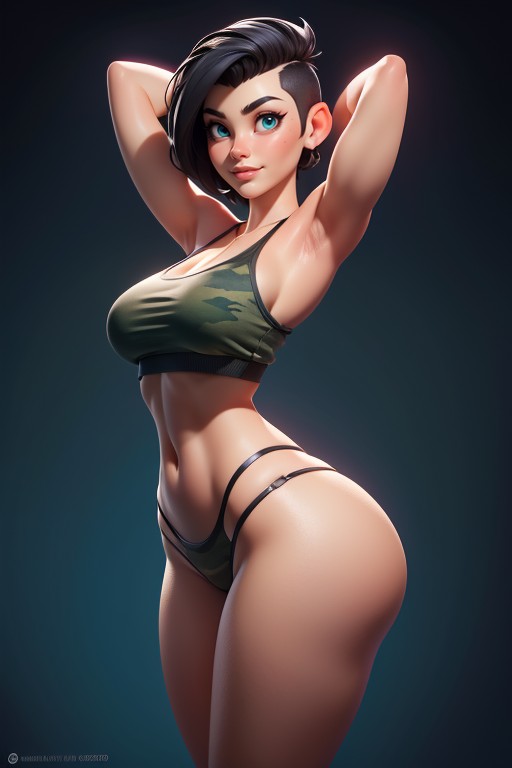 Green Military Camouflage T-shirt, Correct Body Proportions, Arms Up In Front Of Face As Though Hugging Upward Hentai AI Porn