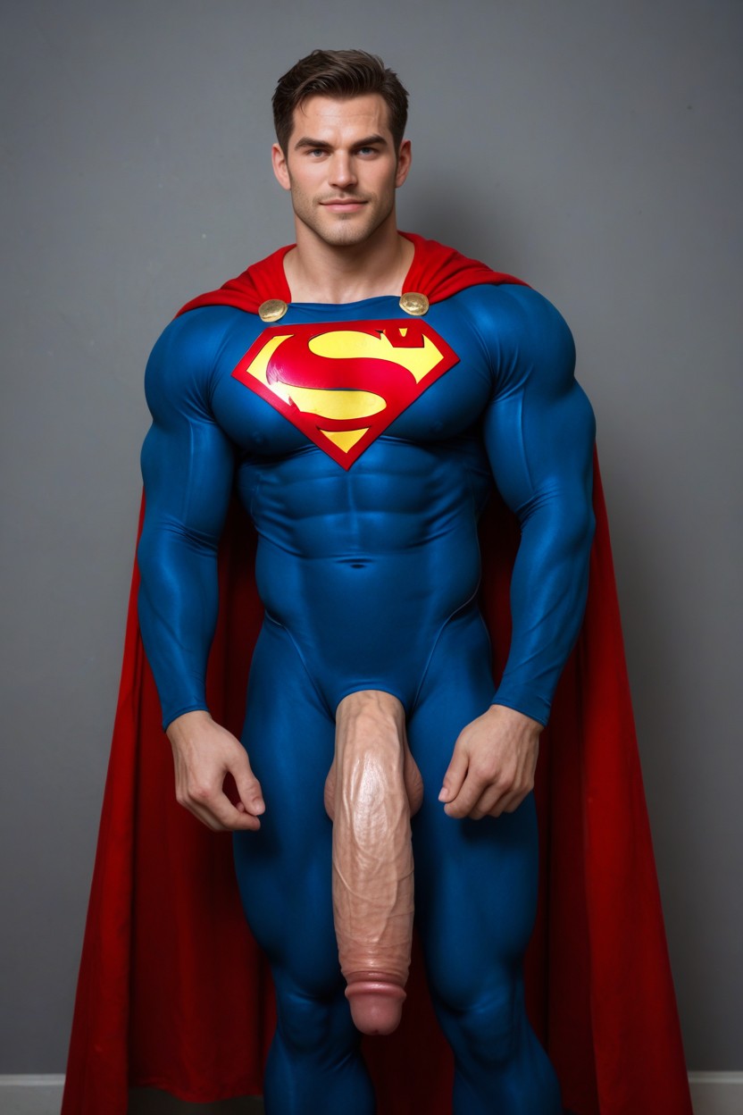 Impossibly Long Gigantic Hyper Cock Outline In Superman Costume, Taillenschuss, Frontansicht KI Schwulenporno