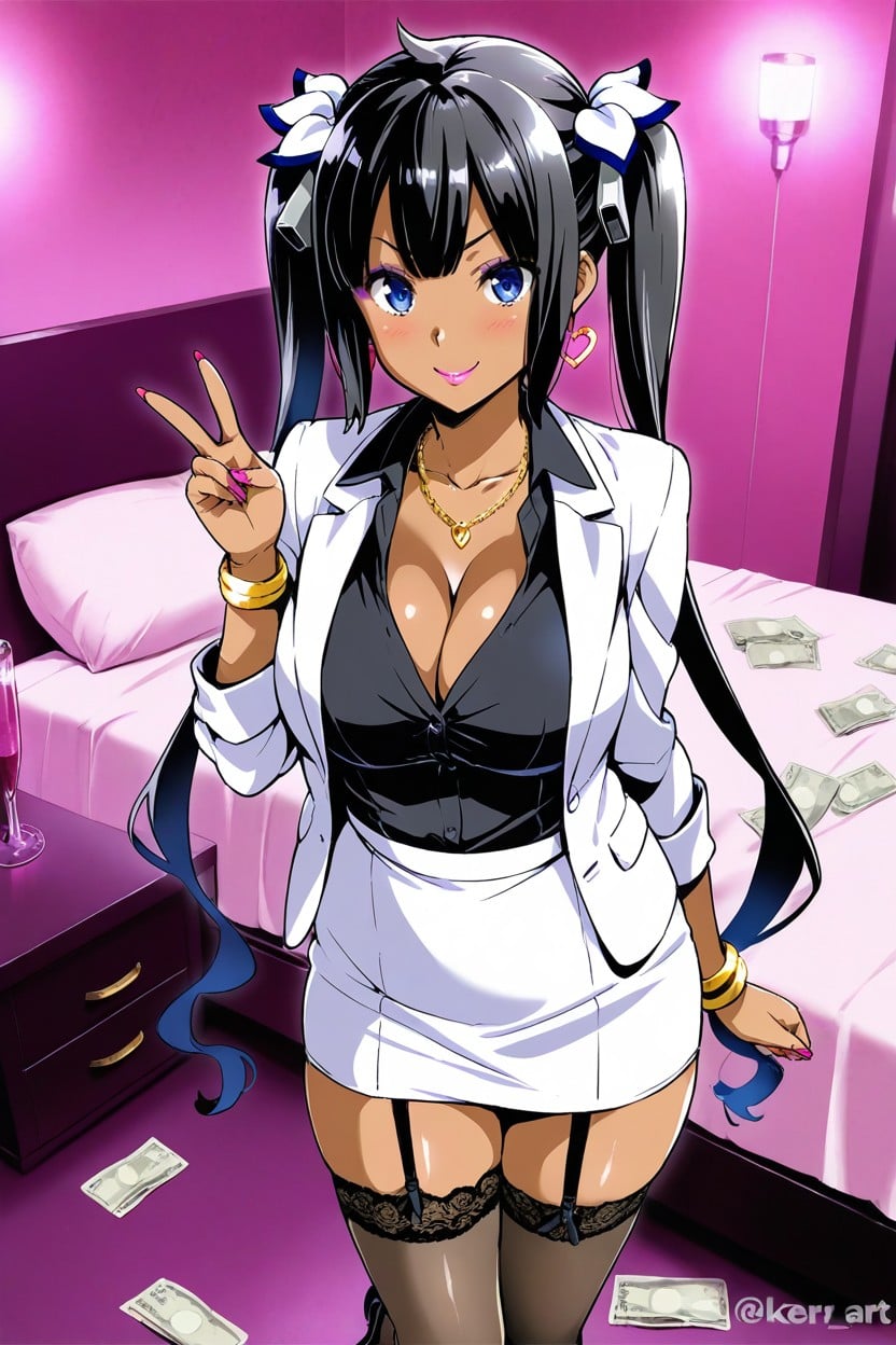 Black Hair, Heart Earrings, Pink Lipstick Hentai IA