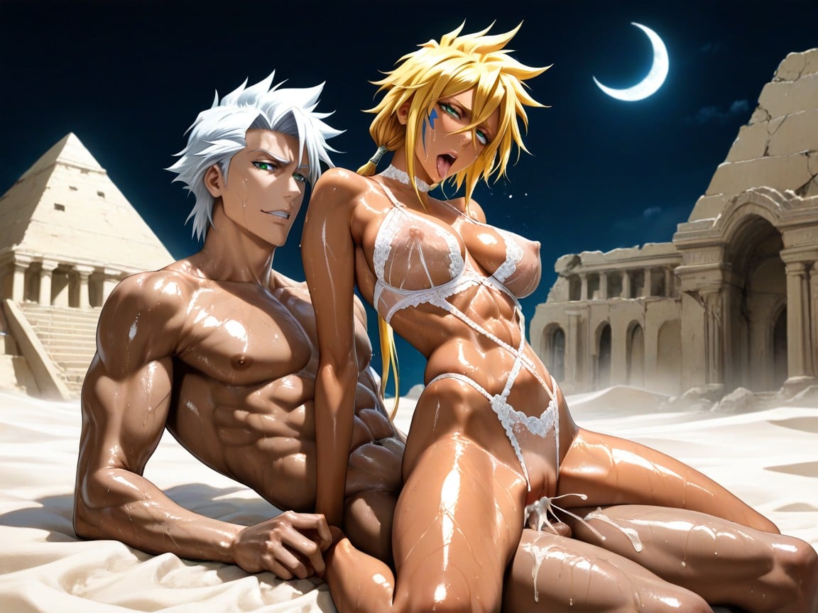 Dark Night Atmosphere, Sexy White Sheer Mesh Lingerie Full Bodystocking, Numerous White Columns In The Distance Hentai AI Porn