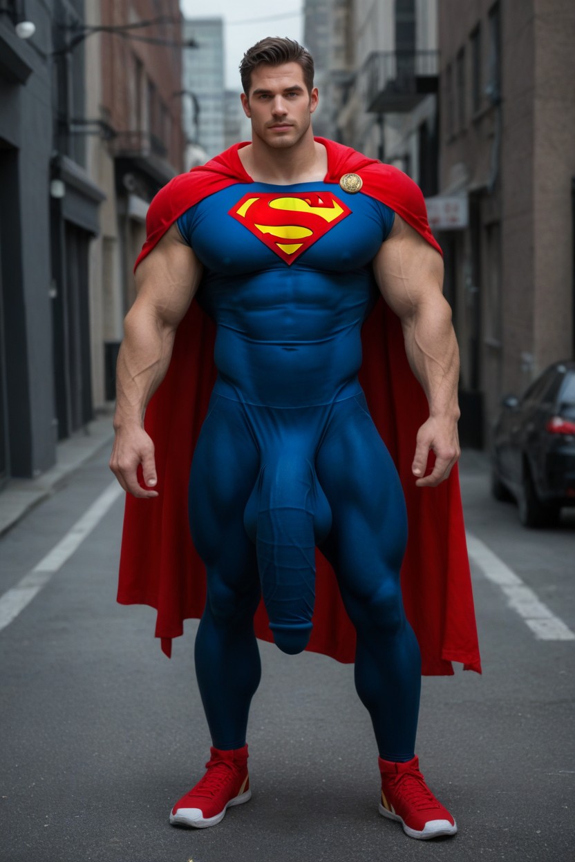 Gigantic, Fully Clothed Superman With Giant Bulge Outline Under Clothes, Safe For Work AI Gay Porn