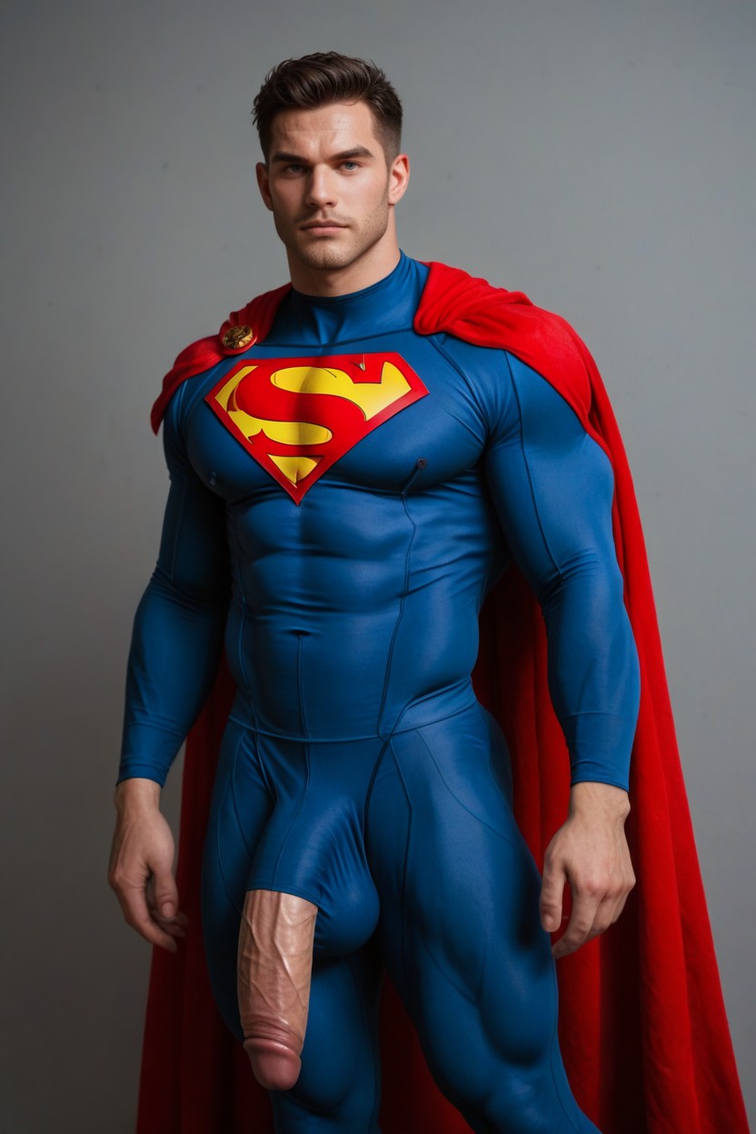 Extremely Muscular Man With Huge Crotch Bulge Hanging To His Ankles, Small Ass, Spandex Wet Look Superman Suit AI Gay Porn