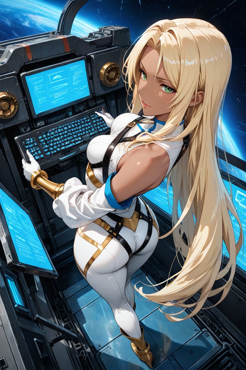 Space Battleship Deck Futur Holographic Screen Keyboards Space-battle Setting, Large Thigh Gap, Saphir Hentai AI Porn