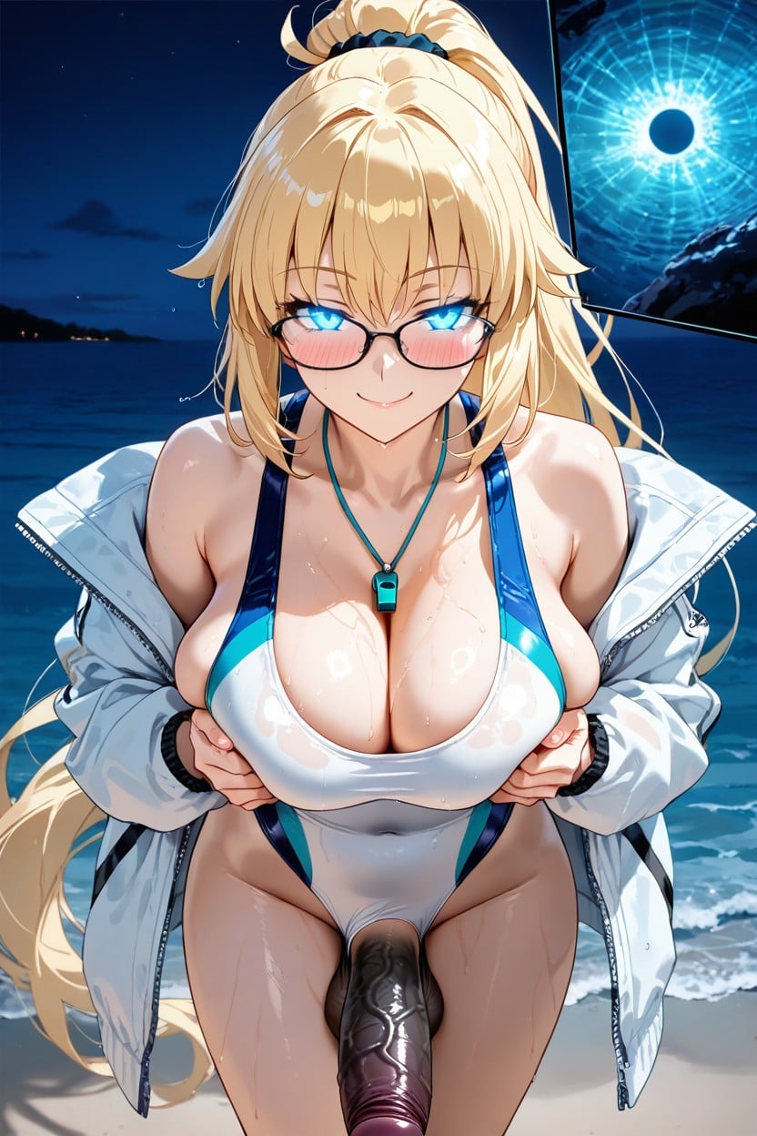 Undressing Breasts, Wet, Wearing A White One-piece Swimsuit Hentai AI Porn