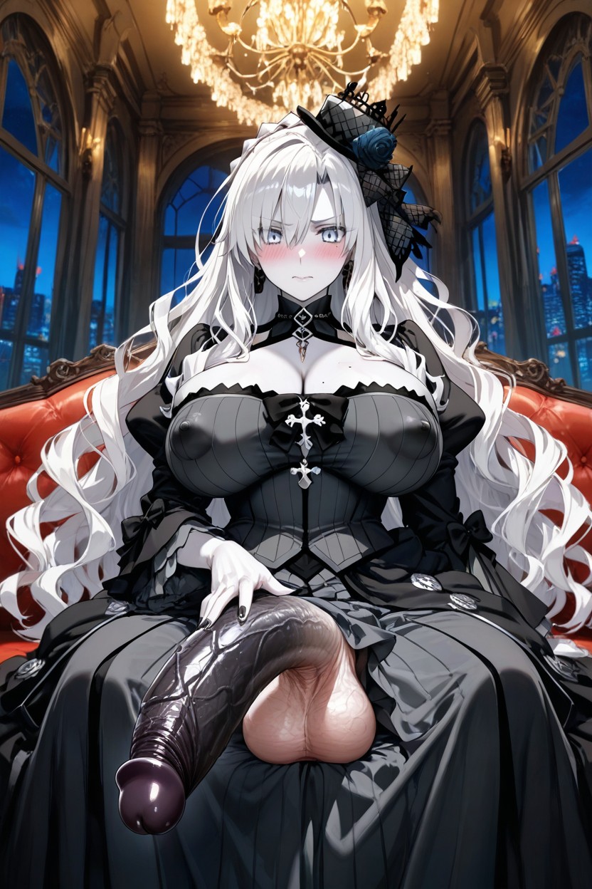 Long White Hair, Sitting, Middle View Hentai AI Porn