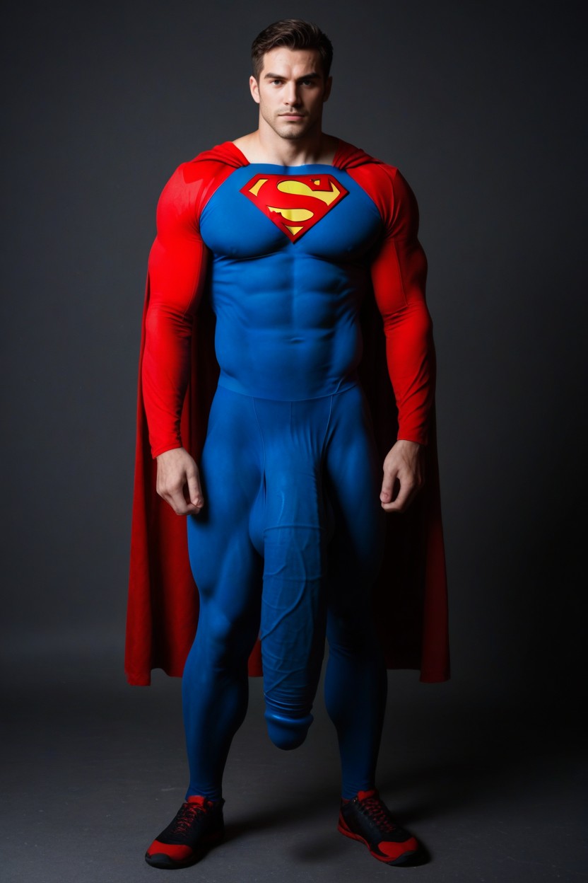 Tight Clothing Covering Gigantic Colossal Bulge Hanging To His Ankles, Spandex Wet Look Superman Suit, Hyper Six Pack Abs AI Gay Porn