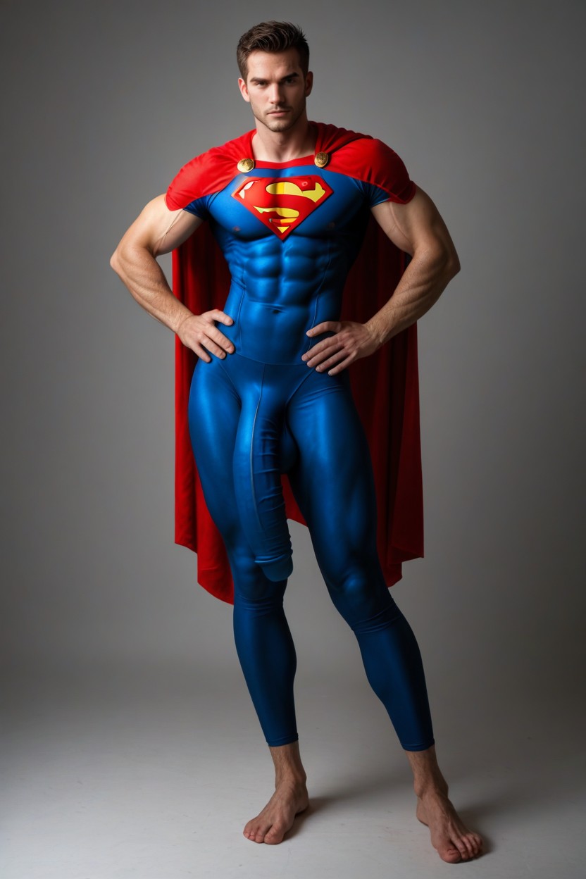 Cosplay, Extremely Muscular Man Standing With Huge Crotch Bulge Hanging To His Ankles, Closeup Of Cock Bulge AI Gay Porn