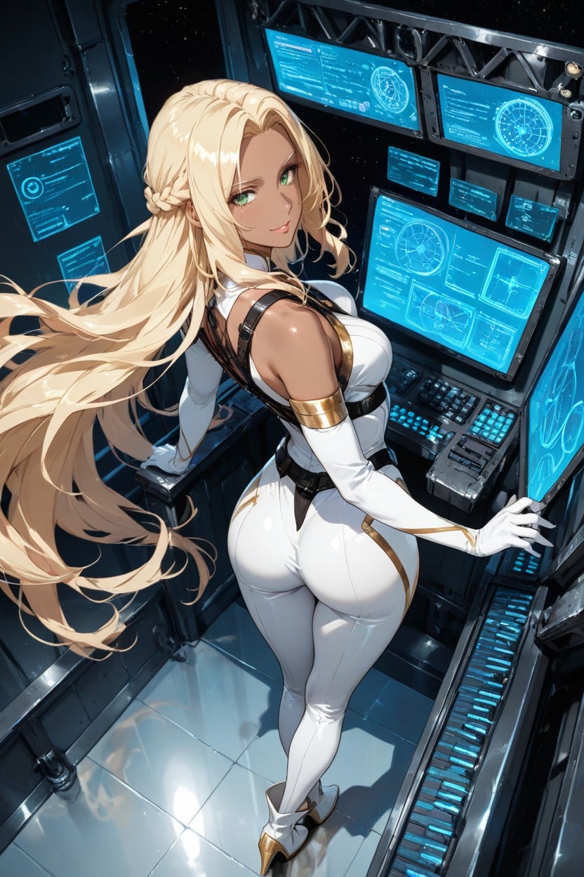 Convex Glass Reflection, She Is Looking At The Viewer, Bare Shoulders And Knees Hentai IA