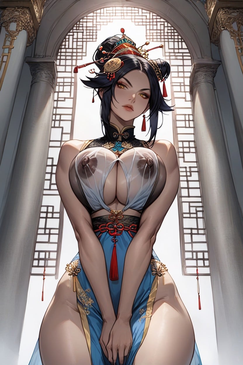 Medium Breasts, Moño, Dark Swollen Long Nipples Hentai IA