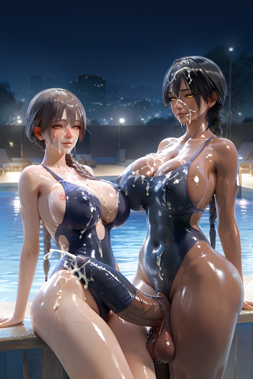 At Night, Indoor Pool, Cum On Body AI Porn