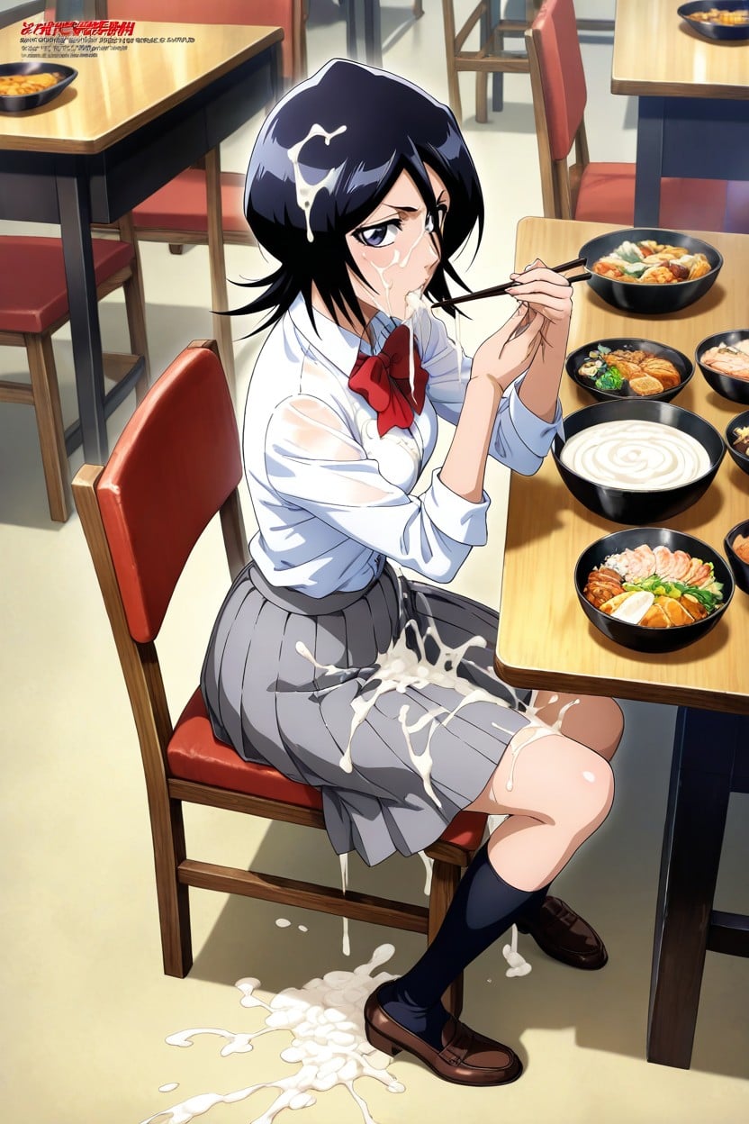 Top Down, Blouse With Red Bow Tie, Cum On Breasts Hentai AI Porn