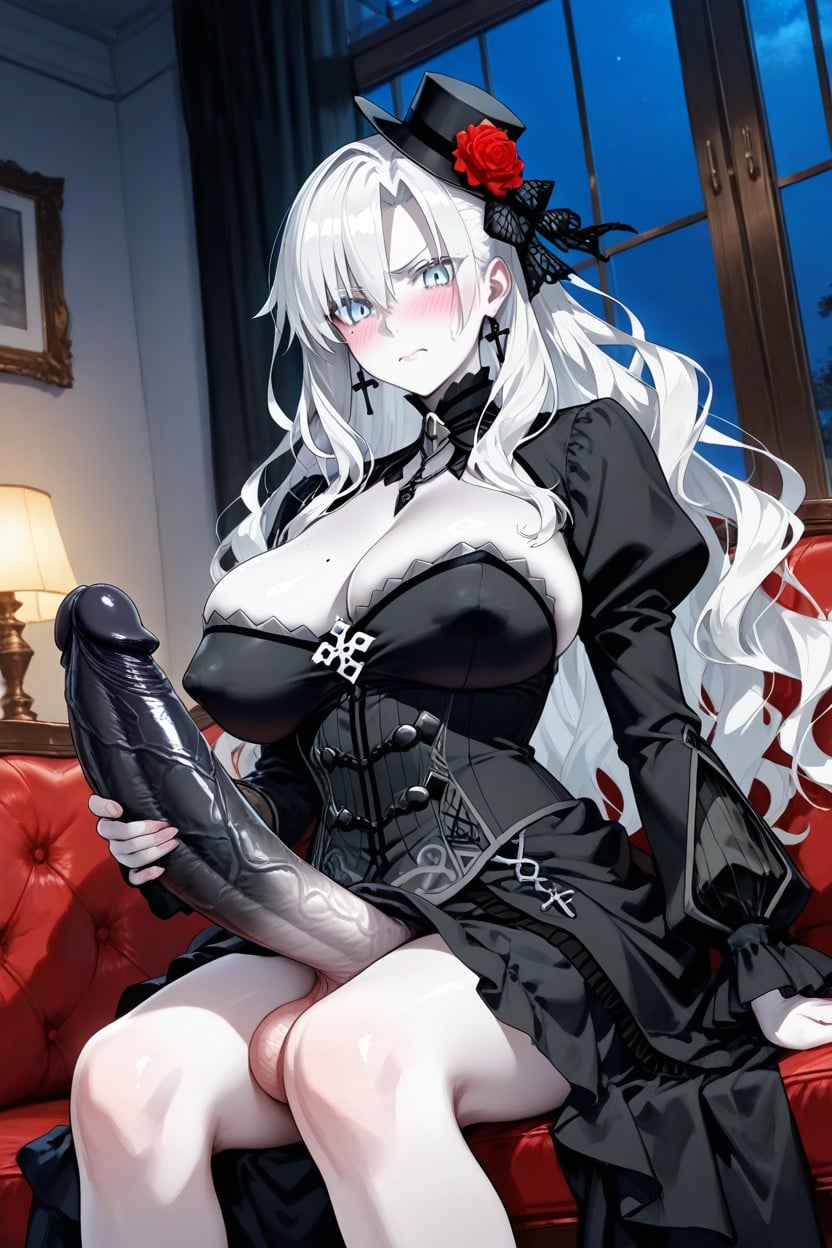 Night, Nude Breasts, Wearing A Victorian Goth Black Dress Hentai AI Porn