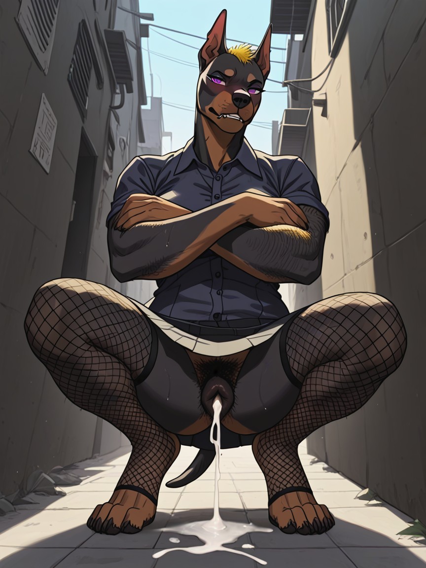 Alleyway, White Cum Puddle At Feet, Bottom View Furry AI Porn